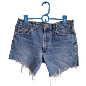 Vintage Reworked Lee Denim Fringe Blue Jean Shorts Waist Size 34" Boho Festival
